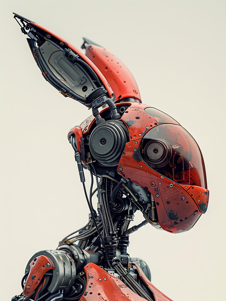 Photo there is a red robot with a large head and a large nose
