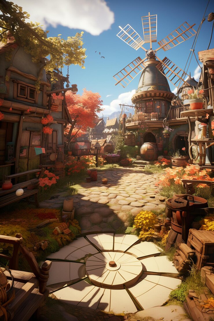 there is a small town with a windmill in the middle of it generative ai