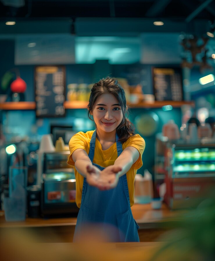 there is a woman that is standing in a restaurant generative ai