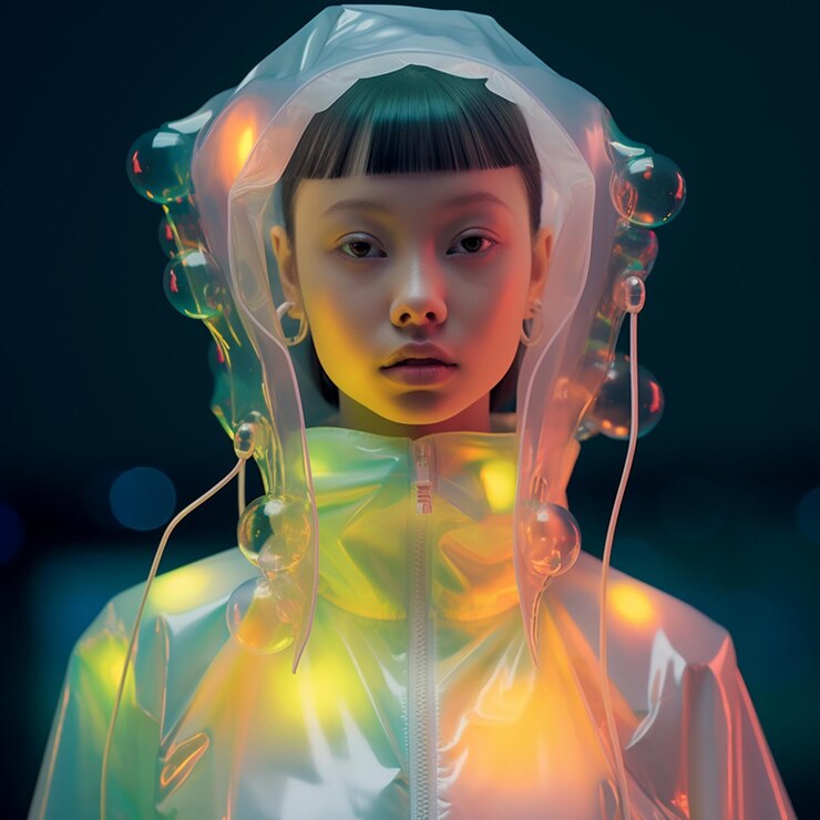 there is a young girl wearing a plastic raincoat and a plastic hat generative ai