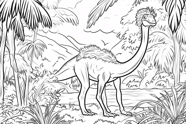 Therizinosaurus Dinosauro Nero Bianco Lineare Doodles Line Art Pagina da colorare Per bambini Libro da colorare