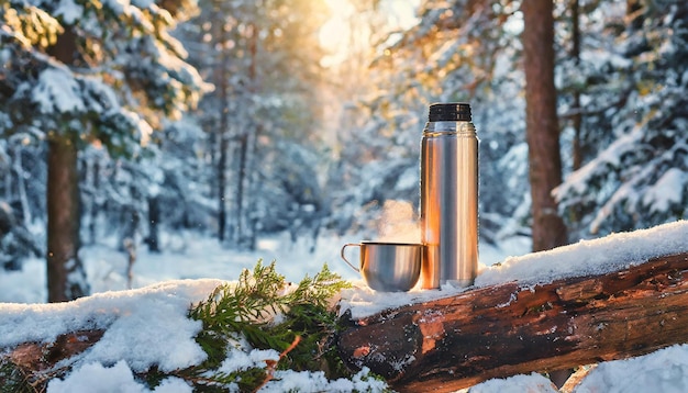 Thermos di metallo e tazza su un albero caduto in una foresta innevata Contenitore per bevande calde Muschio verde Inverno