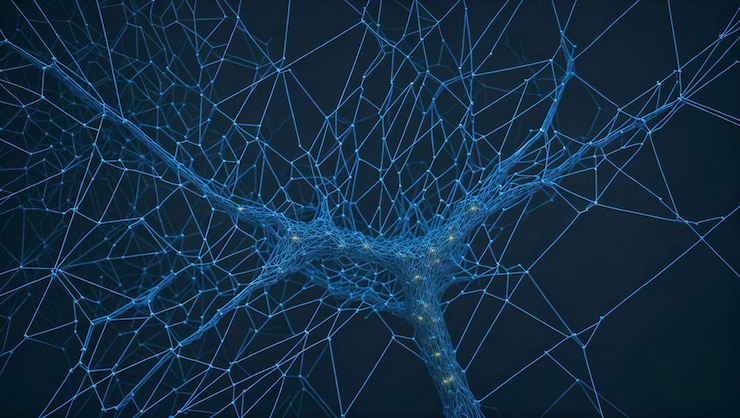 Photo this futuristic illustration captures a large neural network generated ai
