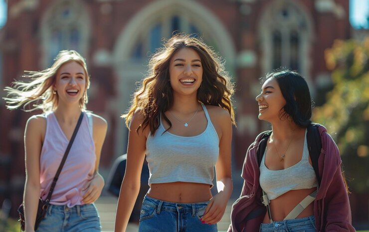 Three College Student female friends smiling running