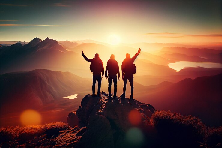 Three friends celebrating success on top of a mountaingenerative ai