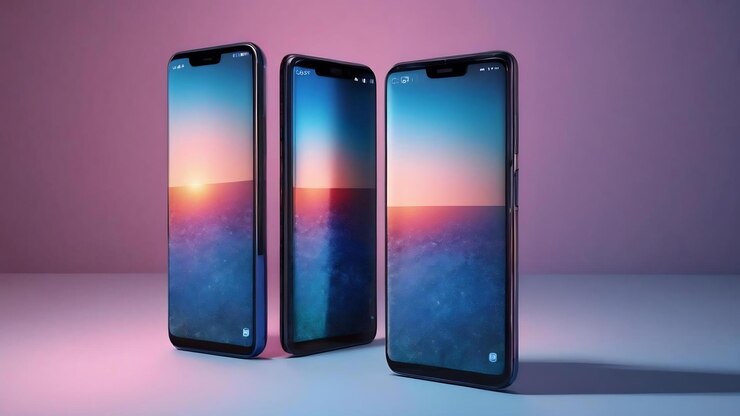 Three isolated smartphone in blue background