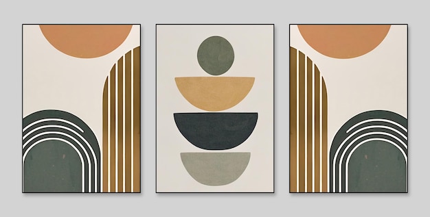 Three paintings with different shapes and colors, one of which is a circle and the other is a circle.
