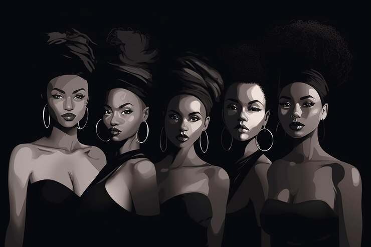 three women in black and white are standing in a row generative ai