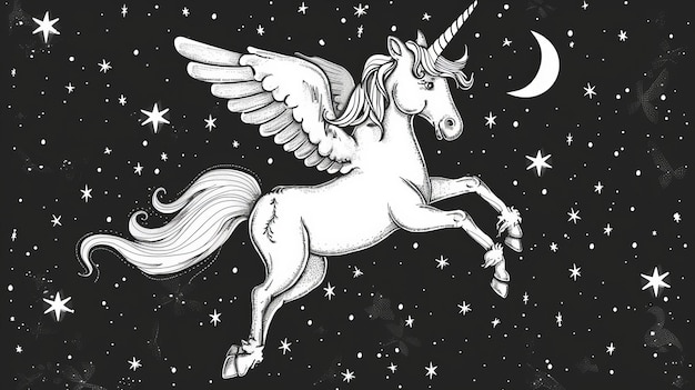 Ti invito a volare con me credendo nei miracoli citazione motivazionale in bianco e nero con l'unicorno in volo