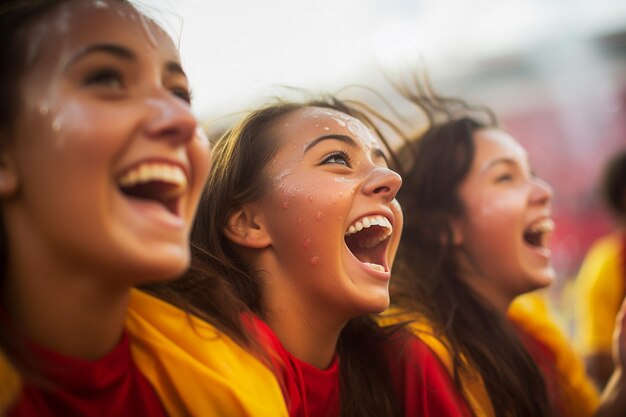 Tifose spagnole di calcio in uno stadio della Coppa del mondo che celebrano la vittoria della squadra nazionale spagnola