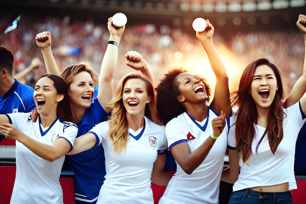 Tifosi di calcio femminili allo stadio che celebrano la vittoria godendosi dopo un campionato di calcio