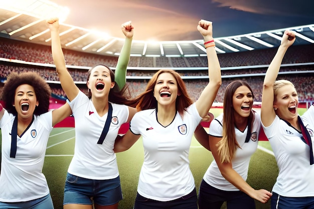 Tifosi di calcio femminili allo stadio che celebrano la vittoria godendosi dopo un campionato di calcio