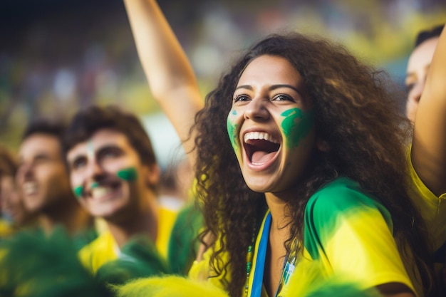 Tifosi di calcio femminili brasiliani in uno stadio della Coppa del mondo che sostengono la squadra nazionale