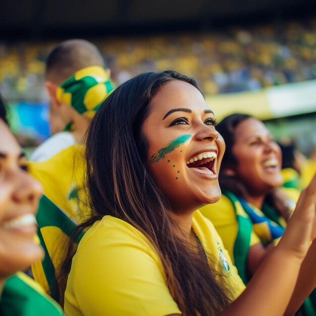 Tifosi di calcio femminili brasiliani in uno stadio della Coppa del mondo che sostengono la squadra nazionale