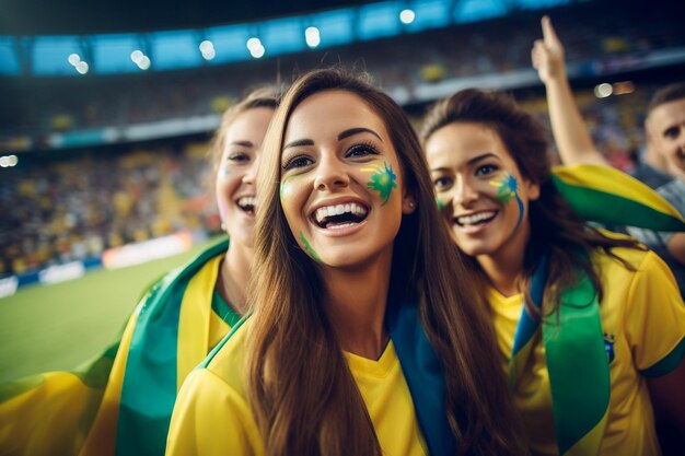 Tifosi di calcio femminili brasiliani in uno stadio della Coppa del mondo che sostengono la squadra nazionale