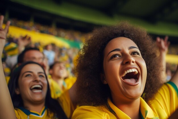 Tifosi di calcio femminili brasiliani in uno stadio della Coppa del mondo che sostengono la squadra nazionale