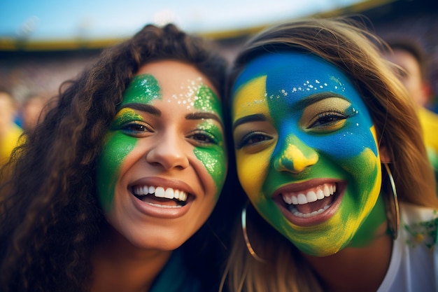 Tifosi di calcio femminili brasiliani in uno stadio della Coppa del mondo che sostengono la squadra nazionale