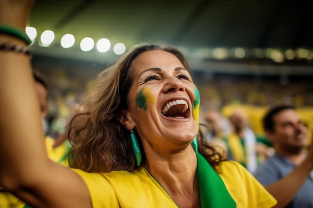 Tifosi di calcio femminili brasiliani in uno stadio della Coppa del mondo che sostengono la squadra nazionale