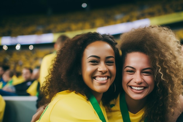 Tifosi di calcio femminili brasiliani in uno stadio della Coppa del mondo che sostengono la squadra nazionale