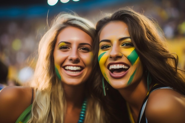 Tifosi di calcio femminili brasiliani in uno stadio della Coppa del mondo che sostengono la squadra nazionale