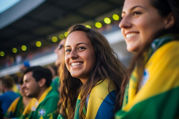 Tifosi di calcio femminili brasiliani in uno stadio della Coppa del mondo che sostengono la squadra nazionale