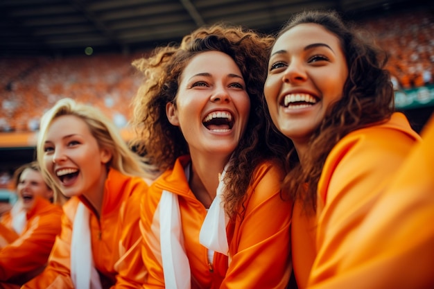 Tifosi di calcio femminili olandesi in uno stadio della Coppa del mondo che sostengono la squadra nazionale