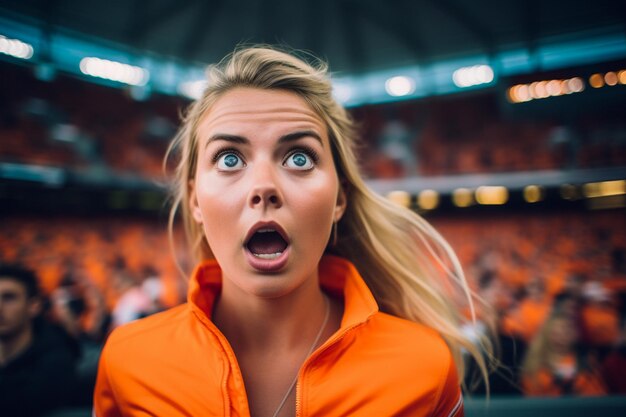 Tifosi di calcio femminili olandesi in uno stadio della Coppa del mondo che sostengono la squadra nazionale