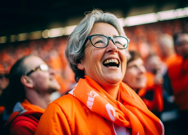 Tifosi di calcio femminili olandesi in uno stadio della Coppa del mondo che sostengono la squadra nazionale