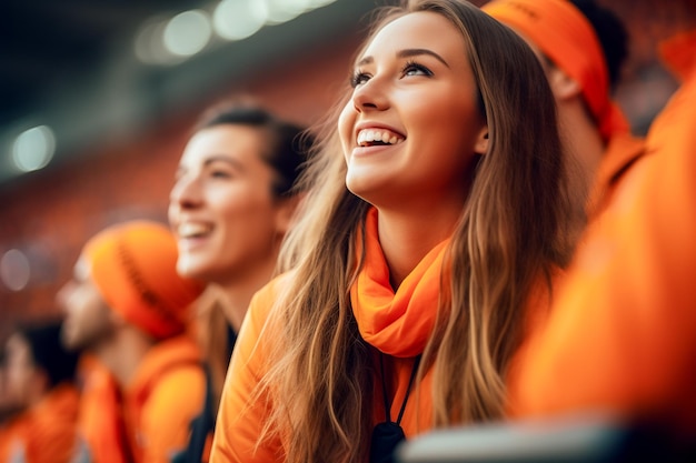 Tifosi di calcio femminili olandesi in uno stadio della Coppa del mondo che sostengono la squadra nazionale