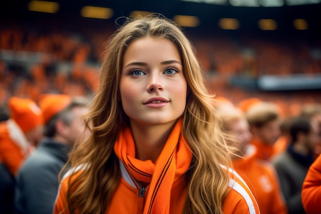 Tifosi di calcio femminili olandesi in uno stadio della Coppa del mondo che sostengono la squadra nazionale