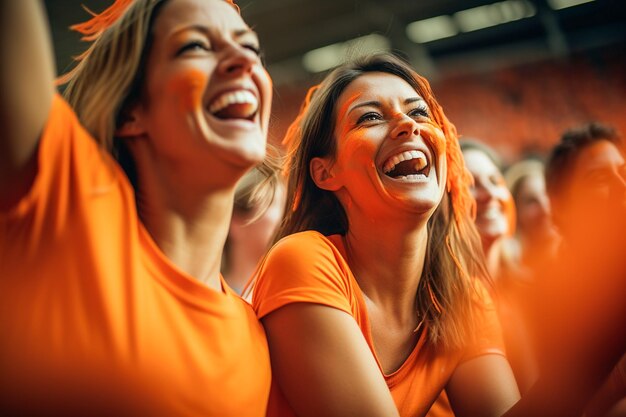 Tifosi di calcio femminili olandesi in uno stadio della Coppa del mondo che sostengono la squadra nazionale