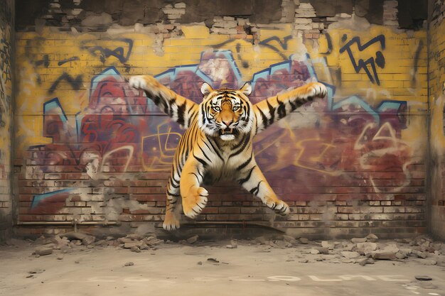 Tiger break dancing divertimento animale grafico strada urbana di Brooklyn