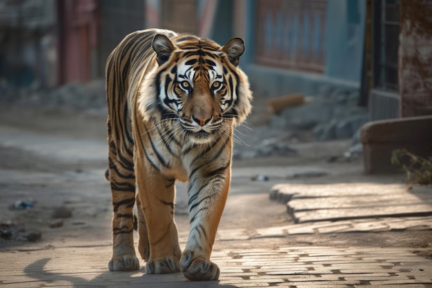 Tiger sta camminando lungo una strada cittadina