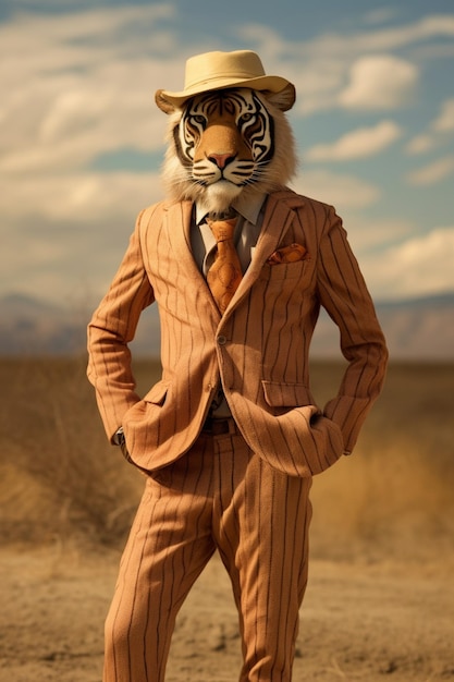 Tigre Arafed in giacca e cappello in piedi nel deserto ai generativo