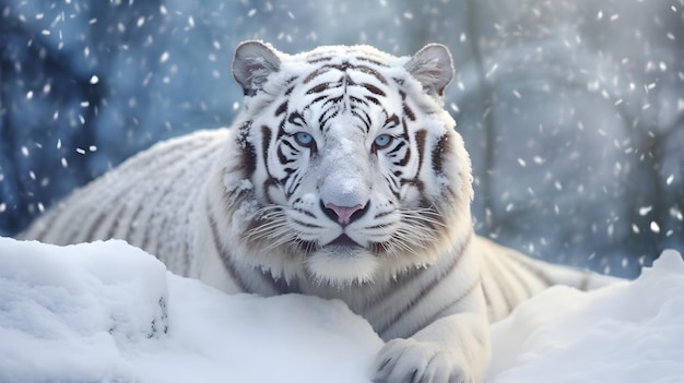 Tigre bianca albina nella neve invernale