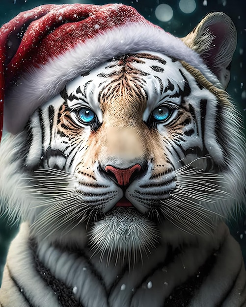 Tigre bianca che indossa un cappello da Babbo Natale