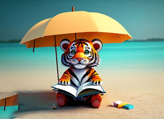 Tigre carino in 3D con fiori libro con sfondo colorato sotto l'ombrello