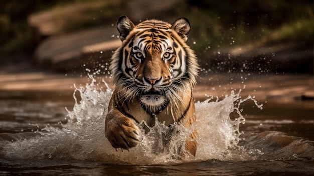 Tigre che attraversa l'acqua con uno sfondo nero