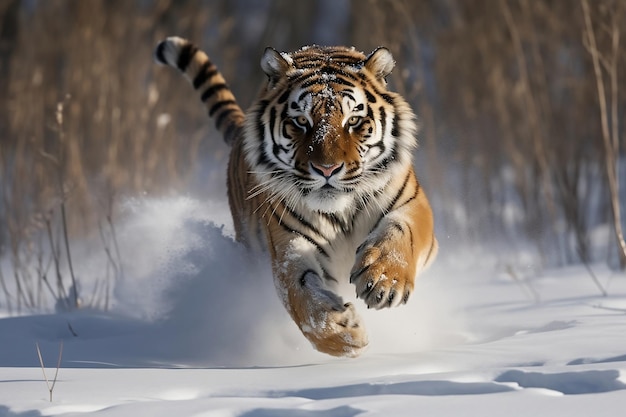 Tigre che corre nella neve