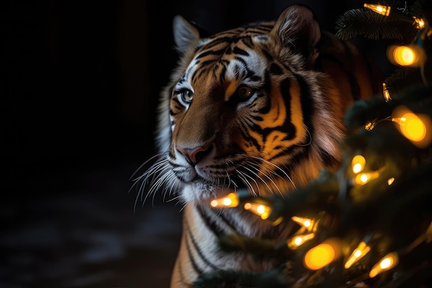 Tigre che tiene una serie di luci di Natale e aiuta a decorare l'albero di Natale IA generativa
