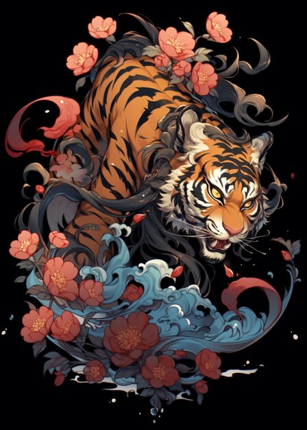 tigre con fiori e onde su sfondo nero ai generativa