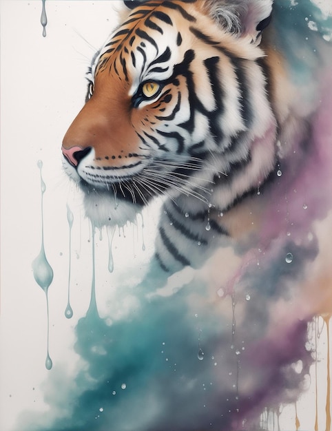 Tigre con inchiostro dai colori pastello che gocciola in gocce di spruzzi d'acqua