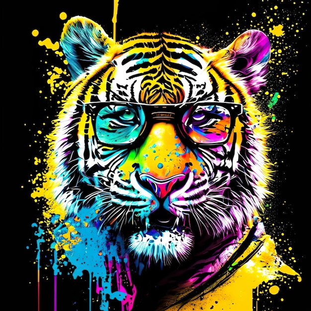 Tigre con occhiali da sole colorati in pop art e spruzzi d'inchiostro IA generativa