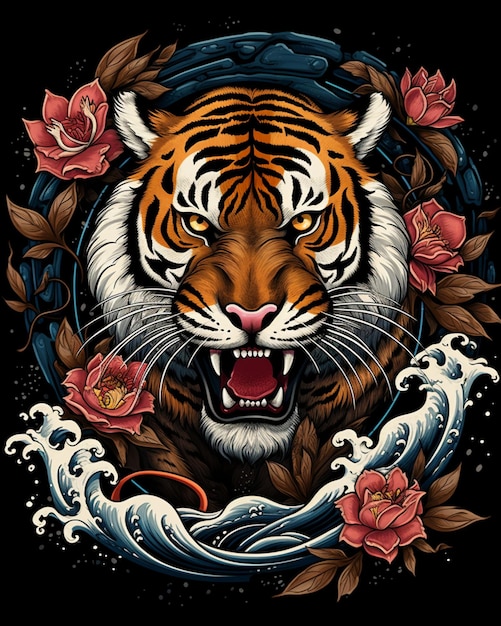 Tigre con onde e fiori su sfondo nero ai generativa