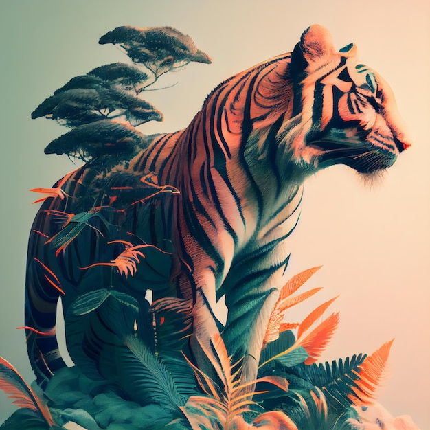 Tigre con piante tropicali e foglie illustrazione di rendering 3d