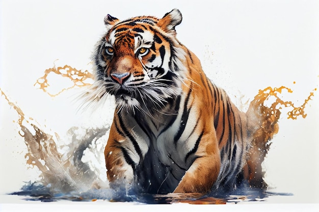 Tigre con spruzzi d'acqua su sfondo bianco Digital paintinggenerative ai