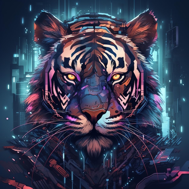 Tigre con una fantastica illustrazione di design cyberpunk