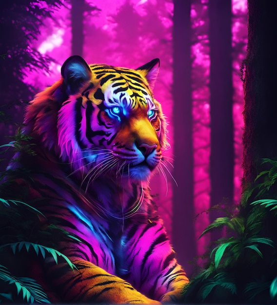 Tigre cyberpunk nell'illustrazione fotorealistica futuristica di illuminazione al neon