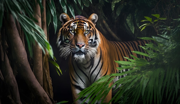 Tigre di Sumatra che guarda il cameratiger che cammina nella conservazione della foresta tropicale ai generativa