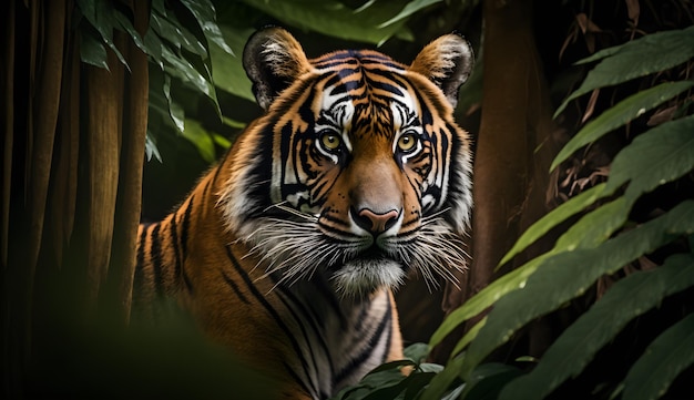 Tigre di Sumatra che guarda il cameratiger che cammina nella conservazione della foresta tropicale ai generativa
